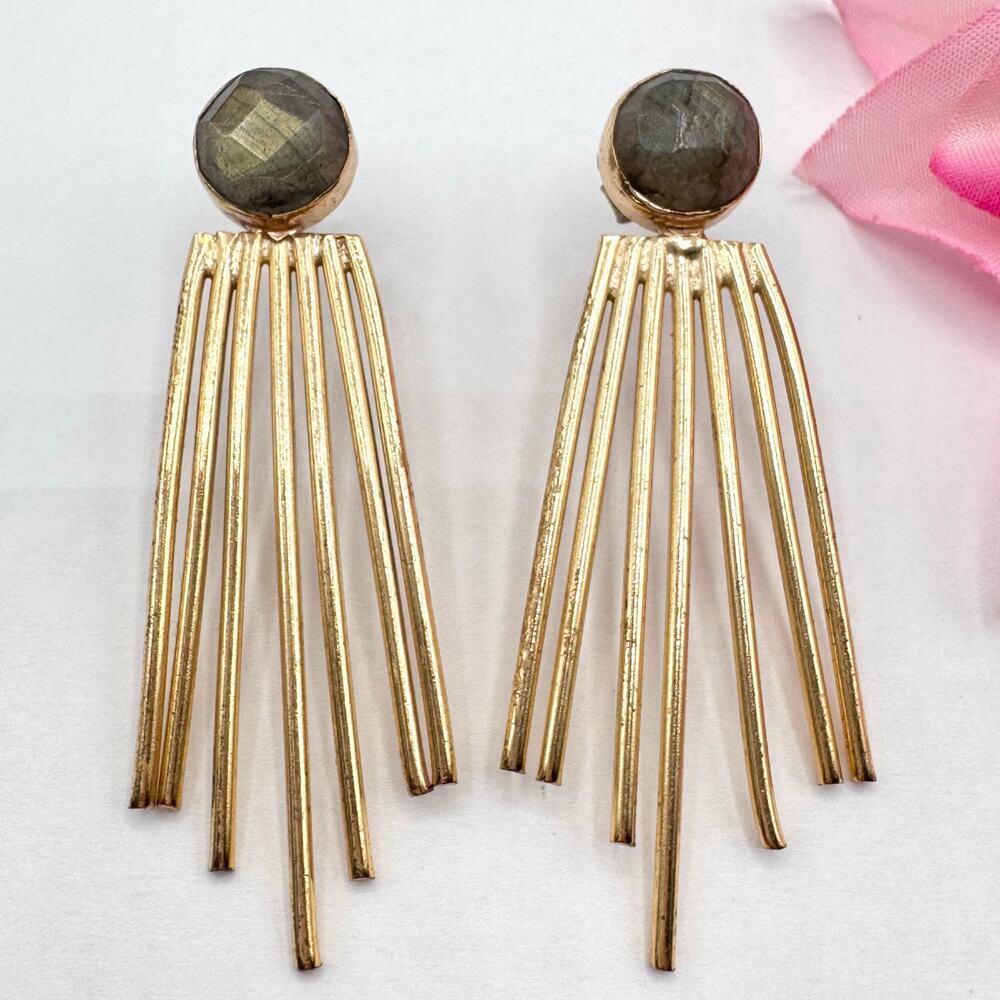 Artisan Labradorite Earrings Modernist Artsy Tribal Aztec Art To Wear Gold Tone